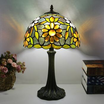 LongHuiJing Tiffany Style Table Lamp 12inch Vintage Flower Stained Glass Lampshade Desk Light Creative Art Home Decor