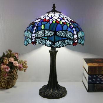 LongHuiJing Tiffany Style Table Lamp 12inch Purple Dragonfly Stained Glass Lampshade Desk Light Creative Art Home Decor
