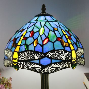 LongHuiJing Tiffany Style Table Lamp 12inch Yellow Dragonfly Stained Glass Lampshade Desk Light Creative Art Home Decor