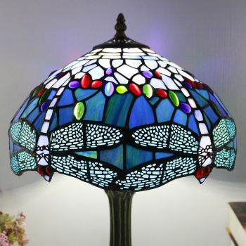 LongHuiJing Tiffany Style Table Lamp 12inch Purple Dragonfly Stained Glass Lampshade Desk Light Creative Art Home Decor