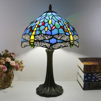 LongHuiJing Tiffany Style Table Lamp 12inch Yellow Dragonfly Stained Glass Lampshade Desk Light Creative Art Home Decor
