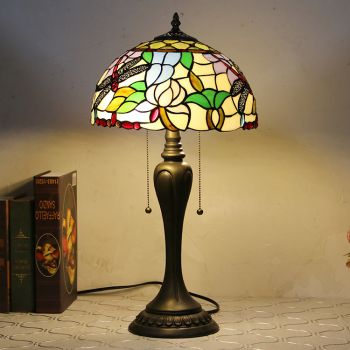 LongHuiJing 12Inch Tiffany Style Desk Lamp Dragonflies Stained Glass Table Lamps Creative Bedroom Bedside Desk Light