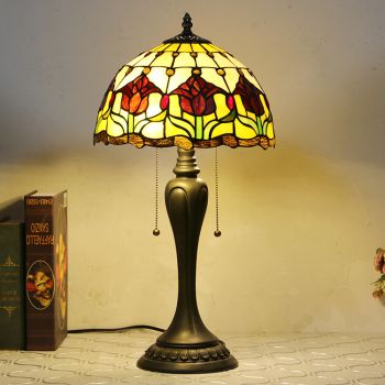 LongHuiJing 12Inch Tiffany Style Desk Lamp Red Tulip Stained Glass Table Lamps Creative Bedroom Bedside Desk Light
