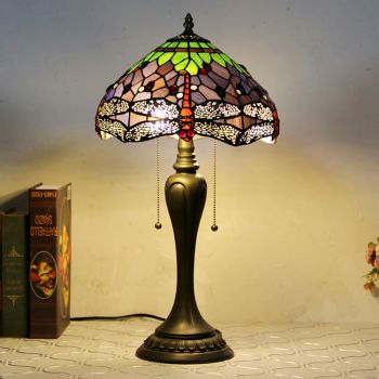 LongHuiJing 12In Tiffany Style Desk Lamp Purple Dragonfly Stained Glass Table Lamps Creative Bedroom Bedside Desk Light