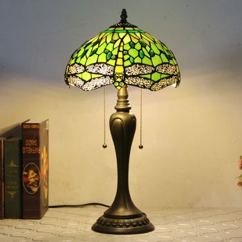 LongHuiJing 12Inch Tiffany Style Desk Lamp Green Dragonfly Stained Glass Table Lamps Creative Bedroom Bedside Desk Light