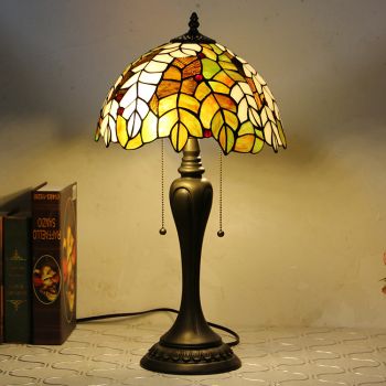 LongHuiJing 12Inch Tiffany Style Desk Lamp Leaves Stained Glass Table Lamps Creative Bedroom Bedside Desk Light