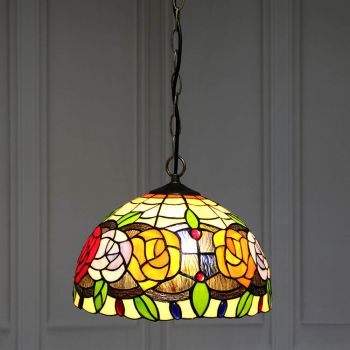 LongHuiJing Tiffany Style Hanging Pendant Lamp Stained Glass Rose Theme Ceiling Light 12Inch 