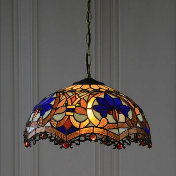 LongHuiJing 16-Inch Tiffany Style Hanging Pendant Lamp Fixture Antique Flower Stained Glass Hanging Lighting