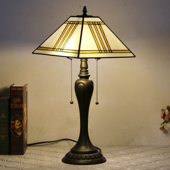 LongHuiJing 12Inch Tiffany Style Desk Lamp Square Stained Glass Table Lamps Creative Bedroom Bedside Desk Light