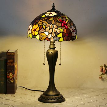LongHuiJing 12Inch Tiffany Style Desk Lamp Grape Stained Glass Table Lamps Creative Bedroom Bedside Desk Light