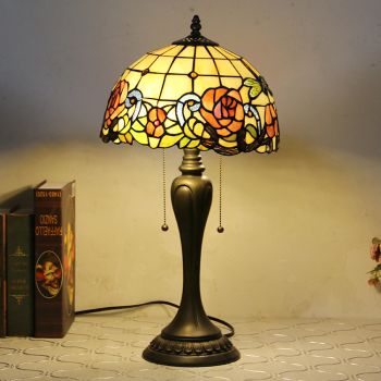 LongHuiJing 12Inch Tiffany Style Desk Lamp Red Rose Stained Glass Table Lamps Creative Bedroom Bedside Desk Light