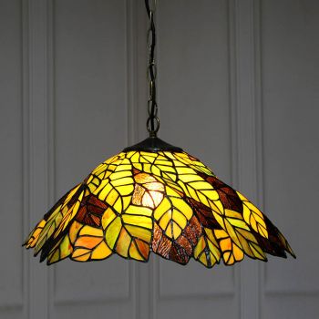 LongHuiJing 16-Inch Tiffany Style Hanging Pendant Lamp Fixture Antique Leaves Stained Glass Hanging Lighting