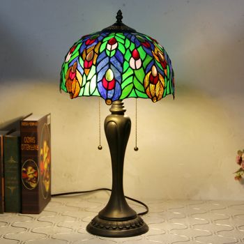 LongHuiJing 12Inch Tiffany Style Desk Lamp Peacock Flower Stained Glass Table Lamps Creative Bedroom Bedside Desk Light