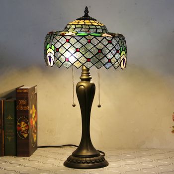 LongHuiJing 12Inch Tiffany Style Desk Lamp Peacock Stained Glass Table Lamps Creative Bedroom Bedside Desk Light