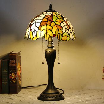 LongHuiJing 12Inch Tiffany Style Desk Lamp Leaves Stained Glass Table Lamps Creative Bedroom Bedside Desk Light