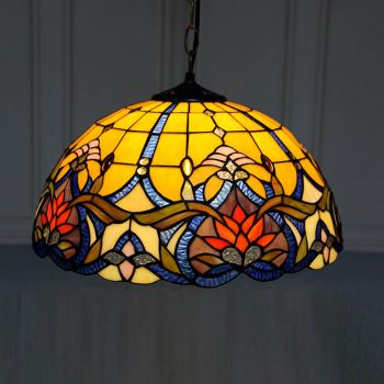 LongHuiJing 16-Inch Tiffany Style Hanging Pendant Lamp Fixture Elegant Flower Stained Glass Hanging Lighting
