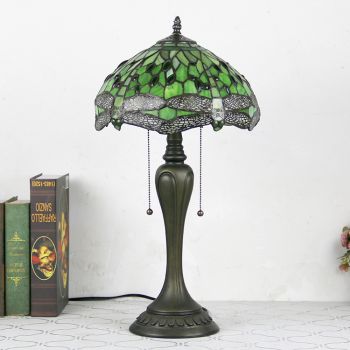 LongHuiJing 12Inch Tiffany Style Desk Lamp Green Dragonfly Stained Glass Table Lamps Creative Bedroom Bedside Desk Light