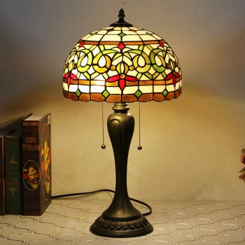 LongHuiJing 12Inch Tiffany Style Desk Lamp Floral Stained Glass Table Lamps Creative Bedroom Bedside Desk Light