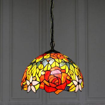LongHuiJing 12-Inch Tiffany Style Hanging Pendant Lamp Fixture Rose Flower Stained Glass Hanging Lighting With 1 Lights