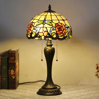 LongHuiJing 12Inch Tiffany Style Desk Lamp Red Rose Stained Glass Table Lamps Creative Bedroom Bedside Desk Light