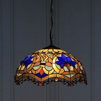 LongHuiJing 16-Inch Tiffany Style Hanging Pendant Lamp Fixture Antique Flower Stained Glass Hanging Lighting