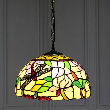 LongHuiJing 12-Inch Tiffany Style Hanging Pendant Lamp Fixture Dragonfly Stained Glass Hanging Lighting With 1 Lights