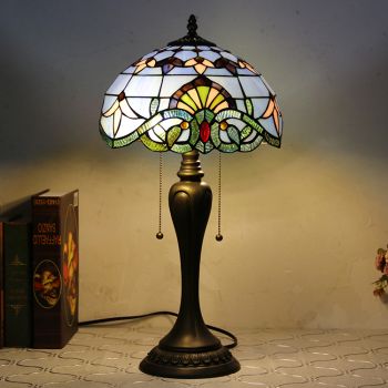 LongHuiJing 12Inch Tiffany Style Desk Lamp Blue Baroque Stained Glass Table Lamps Creative Bedroom Bedside Desk Light
