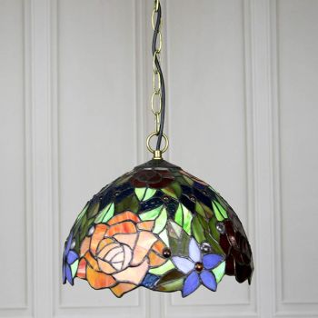 LongHuiJing 12-Inch Tiffany Style Hanging Pendant Lamp Fixture Rose Flower Stained Glass Hanging Lighting With 1 Lights
