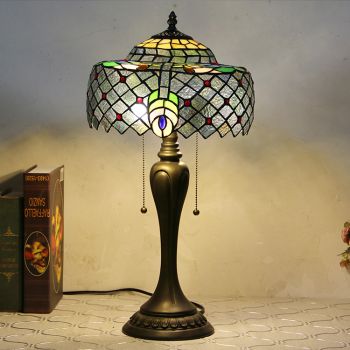 LongHuiJing 12Inch Tiffany Style Desk Lamp Peacock Stained Glass Table Lamps Creative Bedroom Bedside Desk Light