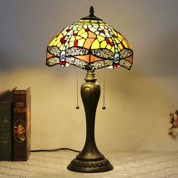 LongHuiJing 12In Tiffany Style Desk Lamp Yellow Dragonfly Stained Glass Table Lamps Creative Bedroom Bedside Desk Light