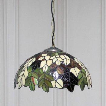 LongHuiJing 16-Inch Tiffany Style Hanging Pendant Lamp Fixture Wisteria Leaves Stained Glass Hanging Lighting