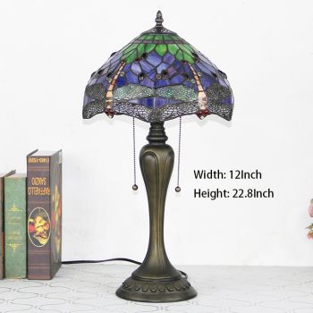 LongHuiJing 12In Tiffany Style Desk Lamp Purple Dragonfly Stained Glass Table Lamps Creative Bedroom Bedside Desk Light