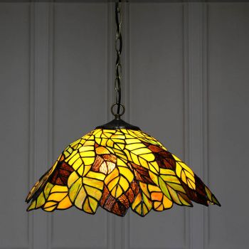 LongHuiJing 16-Inch Tiffany Style Hanging Pendant Lamp Fixture Antique Leaves Stained Glass Hanging Lighting
