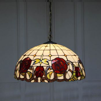 LongHuiJing 16-Inch Tiffany Style Hanging Pendant Lamp Fixture Rose Flower Stained Glass Hanging Lighting