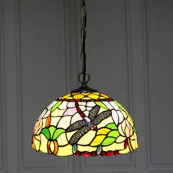 LongHuiJing 12-Inch Tiffany Style Hanging Pendant Lamp Fixture Dragonfly Stained Glass Hanging Lighting With 1 Lights