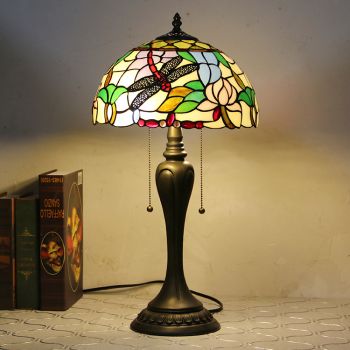 LongHuiJing 12Inch Tiffany Style Desk Lamp Dragonflies Stained Glass Table Lamps Creative Bedroom Bedside Desk Light