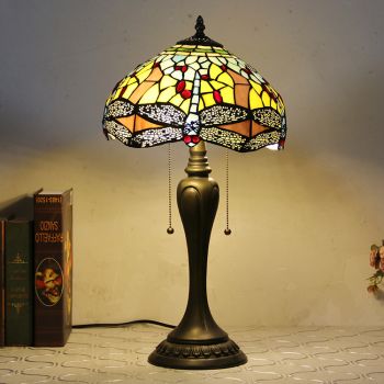 LongHuiJing 12In Tiffany Style Desk Lamp Yellow Dragonfly Stained Glass Table Lamps Creative Bedroom Bedside Desk Light