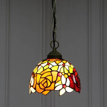 LongHuiJing 8Inch Tiffany Style Stained Glass Hanging Lamp Vintage Flower Stained Glass Ceiling Light