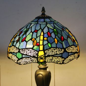 LongHuiJing 12Inch Tiffany Style Desk Lamp Blue Dragonfly Stained Glass Table Lamps Creative Bedroom Bedside Desk Light