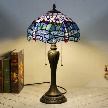 LongHuiJing 12Inch Tiffany Style Desk Lamp Dragonfly Stained Glass Table Lamps Creative Bedroom Bedside Desk Light 