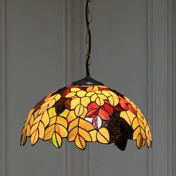 LongHuiJing 16-Inch Tiffany Style Hanging Pendant Lamp Fixture Wisteria Leaves Stained Glass Hanging Lighting