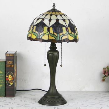 LongHuiJing 12Inch Tiffany Style Desk Lamp Red Tulip Stained Glass Table Lamps Creative Bedroom Bedside Desk Light