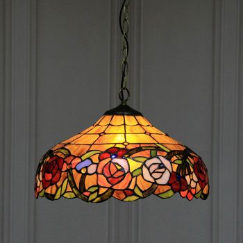LongHuiJing 16-Inch Tiffany Style Hanging Pendant Lamp Fixture Rose Flower Stained Glass Hanging Lighting With 2 Lights
