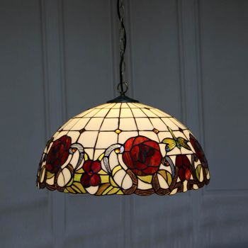 LongHuiJing 16-Inch Tiffany Style Hanging Pendant Lamp Fixture Rose Flower Stained Glass Hanging Lighting