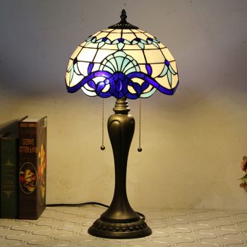 LongHuiJing 12Inch Tiffany Style Desk Lamp Blue Dragonfly Stained Glass Table Lamps Creative Bedroom Bedside Desk Light