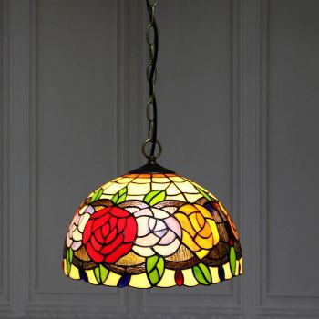LongHuiJing Tiffany Style Hanging Pendant Lamp Stained Glass Rose Theme Ceiling Light 12Inch 