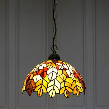 LongHuiJing Tiffany Style Hanging Pendant Lamp Stained Glass Leaf Ceiling Light 12Inch