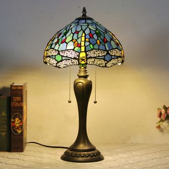 LongHuiJing 12Inch Tiffany Style Desk Lamp Blue Dragonfly Stained Glass Table Lamps Creative Bedroom Bedside Desk Light