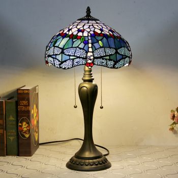 LongHuiJing 12Inch Tiffany Style Desk Lamp Dragonfly Stained Glass Table Lamps Creative Bedroom Bedside Desk Light 