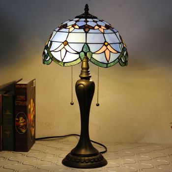 LongHuiJing 12Inch Tiffany Style Desk Lamp Blue Baroque Stained Glass Table Lamps Creative Bedroom Bedside Desk Light